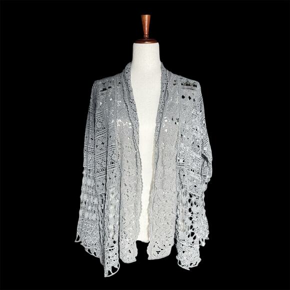 Johnny Was Sweaters - JOHNNY WAS 100% Cotton Floral Crochet Lace Open Cardigan Gray Size S